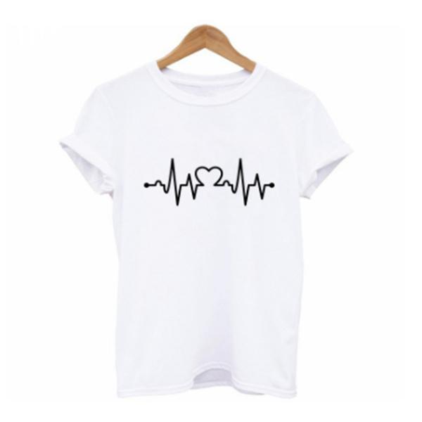 White short-sleeve t-shirt with heart and electrocardiogram rhythm pattern