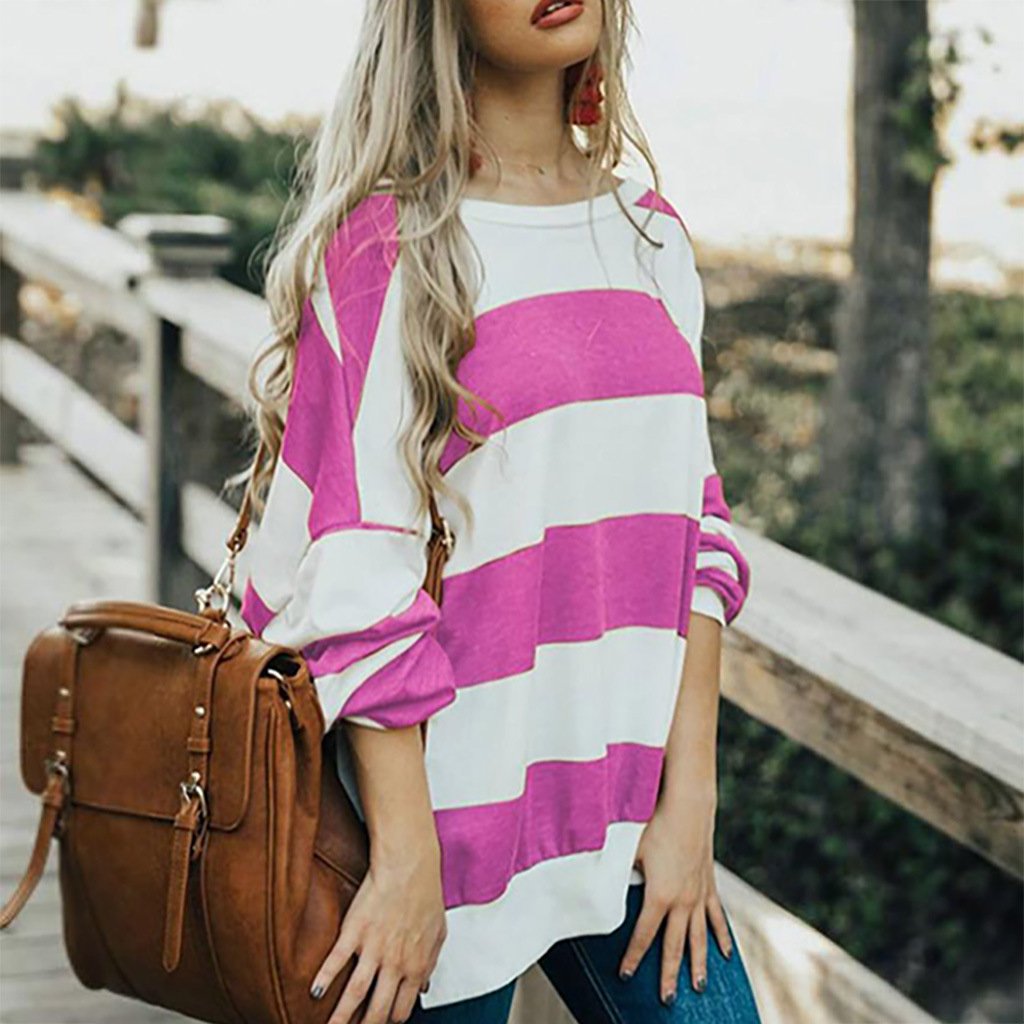 Women's Loose T-shirt Casual Striped Print Long Sleeve Leisure T-shirt