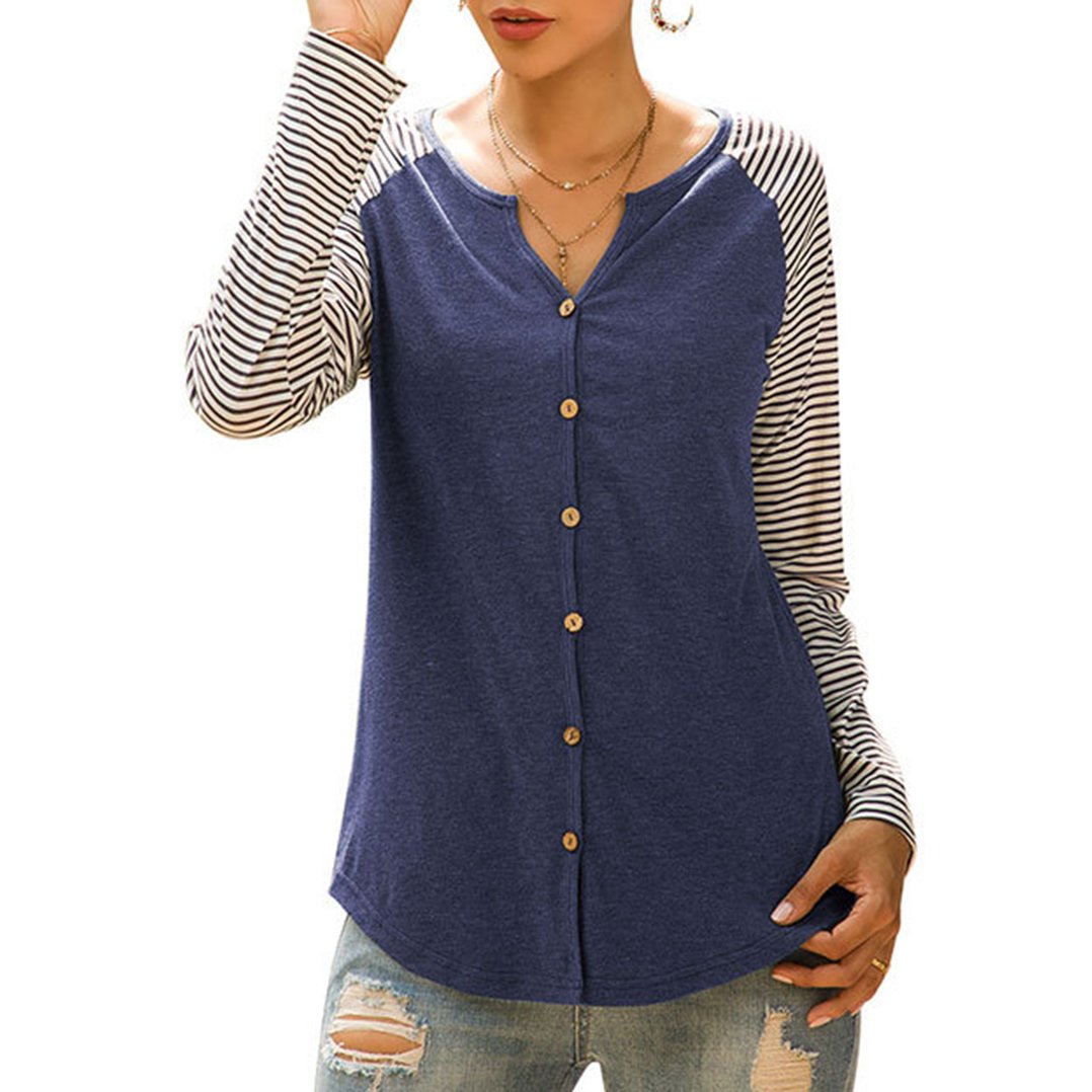 Women's Long Sleeve T-shirt New Design Stripe Print Applique Pattern T-shirt Suitable For Fall Season