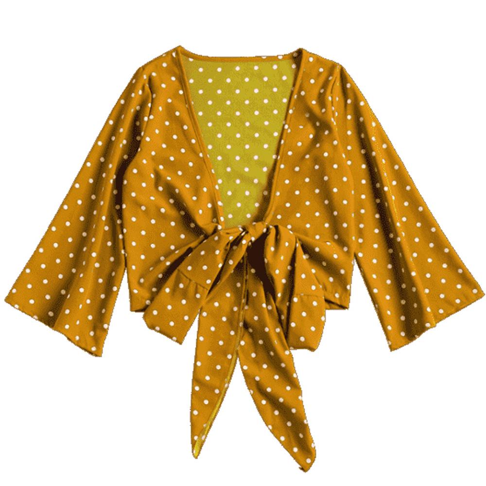 Women's Short Sleeve Butterfly Tie Waist Bustier Polka Dot Print Crop Top