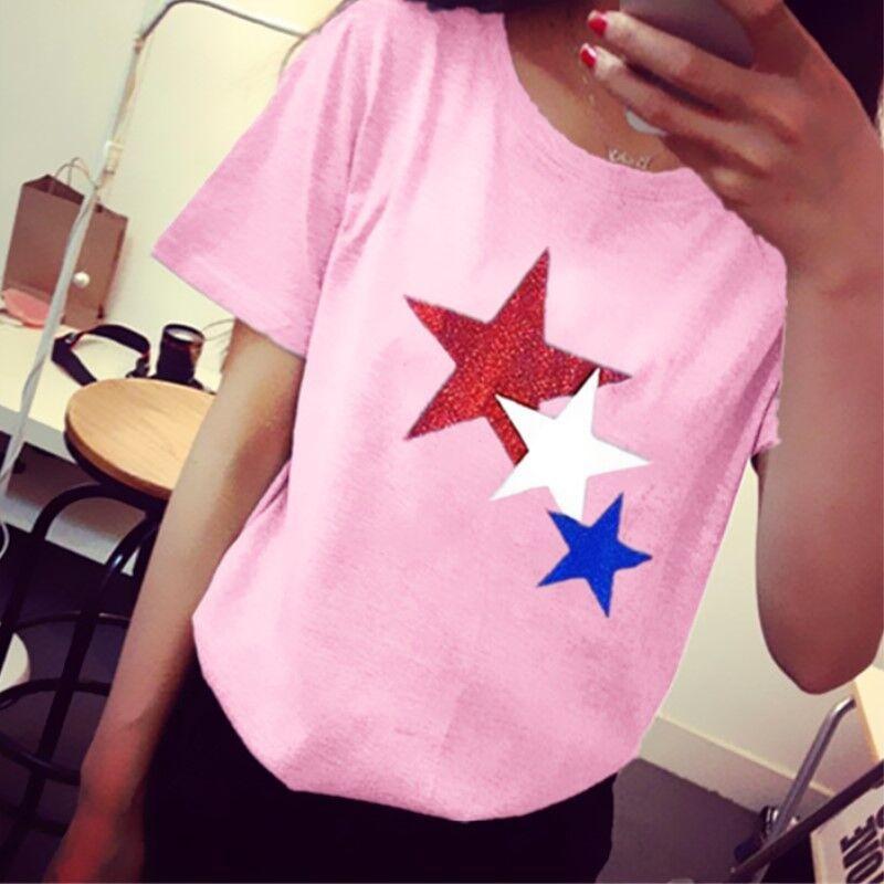 Original women's round neck star applique t-shirt, star pattern blouse