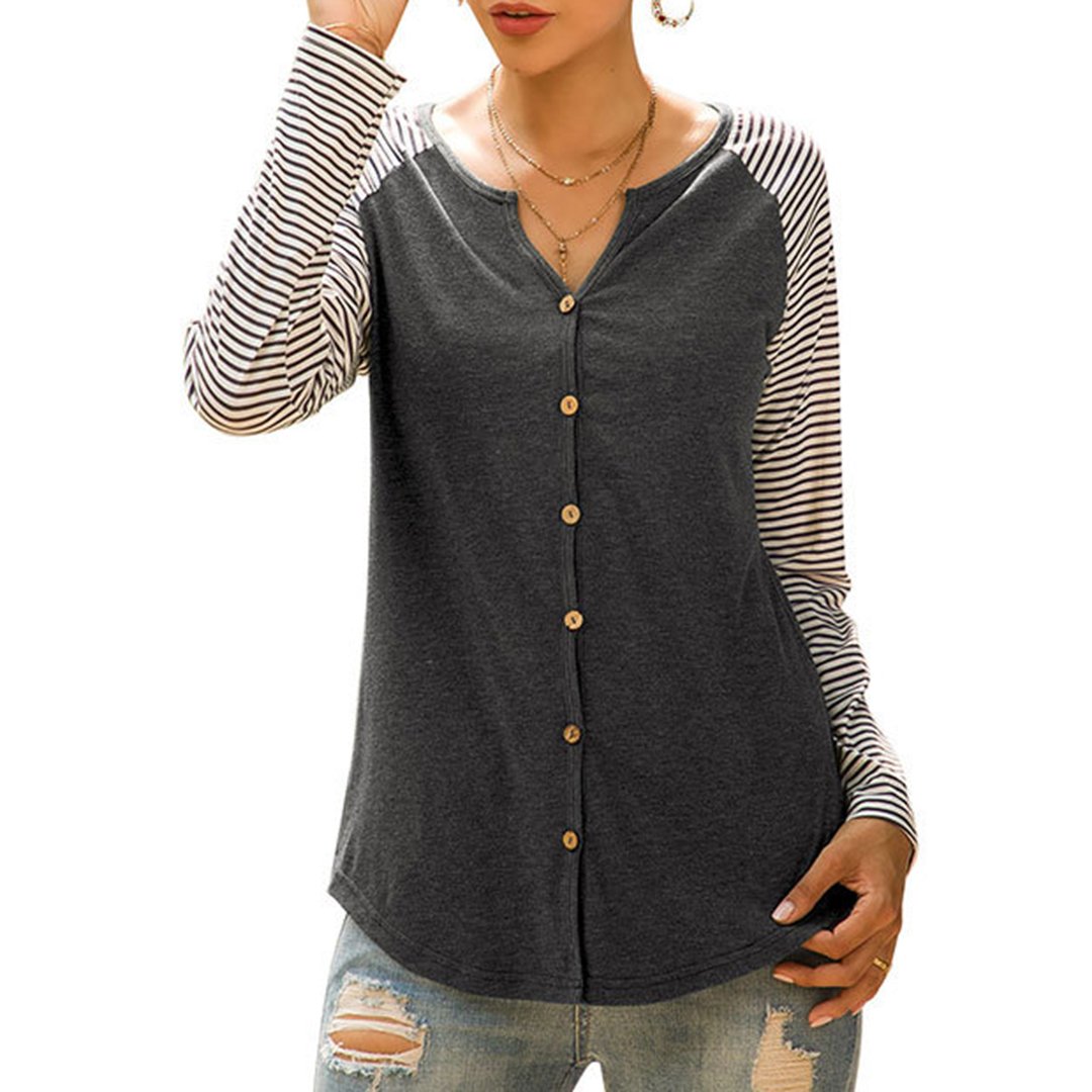 Women's Long Sleeve T-shirt New Design Stripe Print Applique Pattern T-shirt Suitable For Fall Season