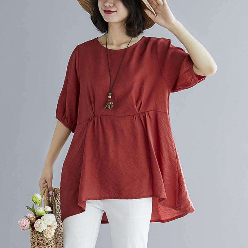 Women's Loose Solid Color Round Neck Retro Pattern Short Sleeve Blouse
