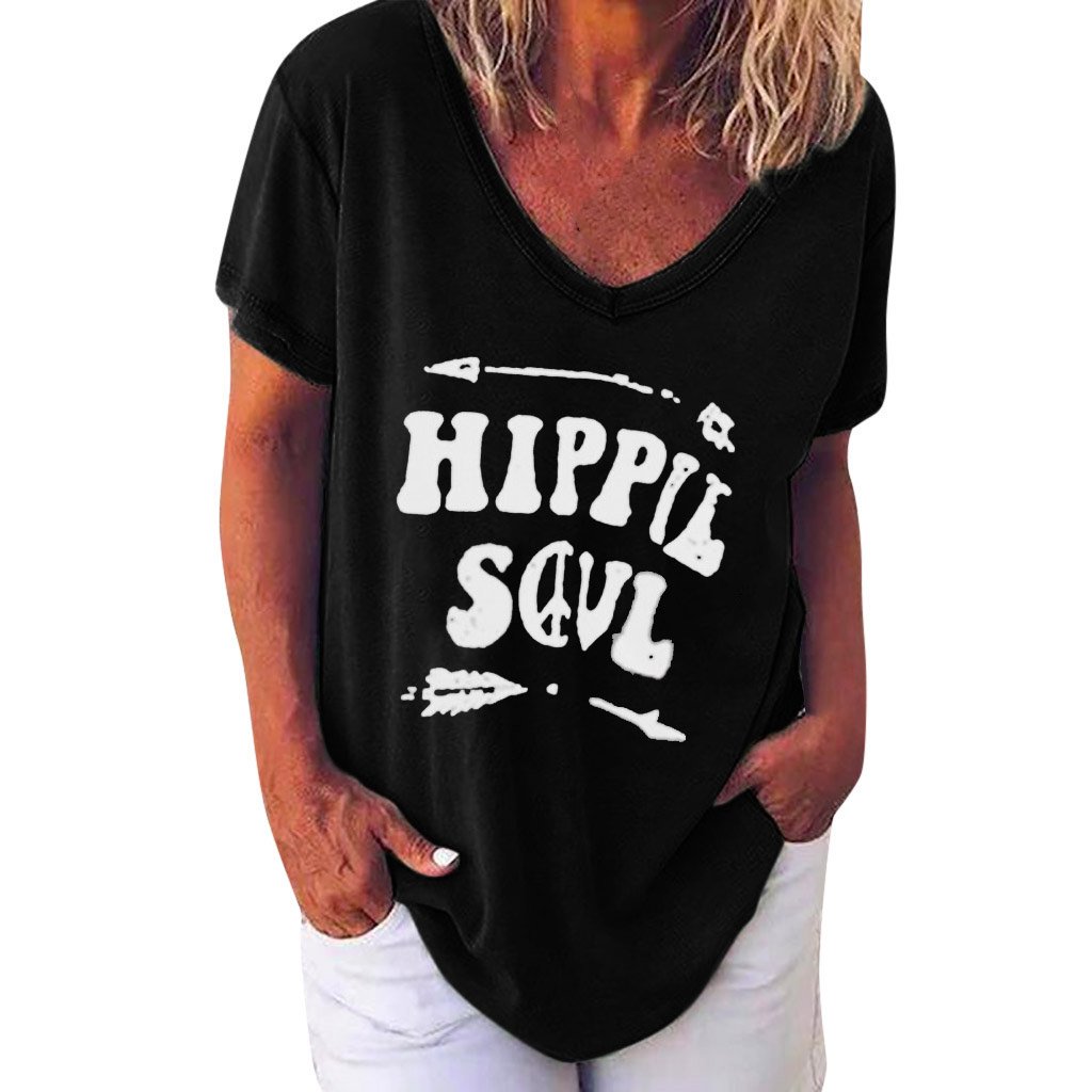 V-Neck Short Sleeve Casual Letter Print T-Shirt