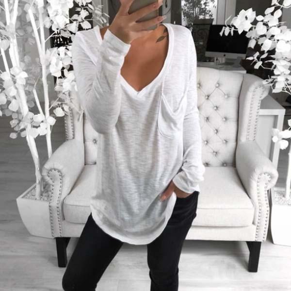 Women's Casual V-Neck Loose Long Sleeve Pocket Blouse