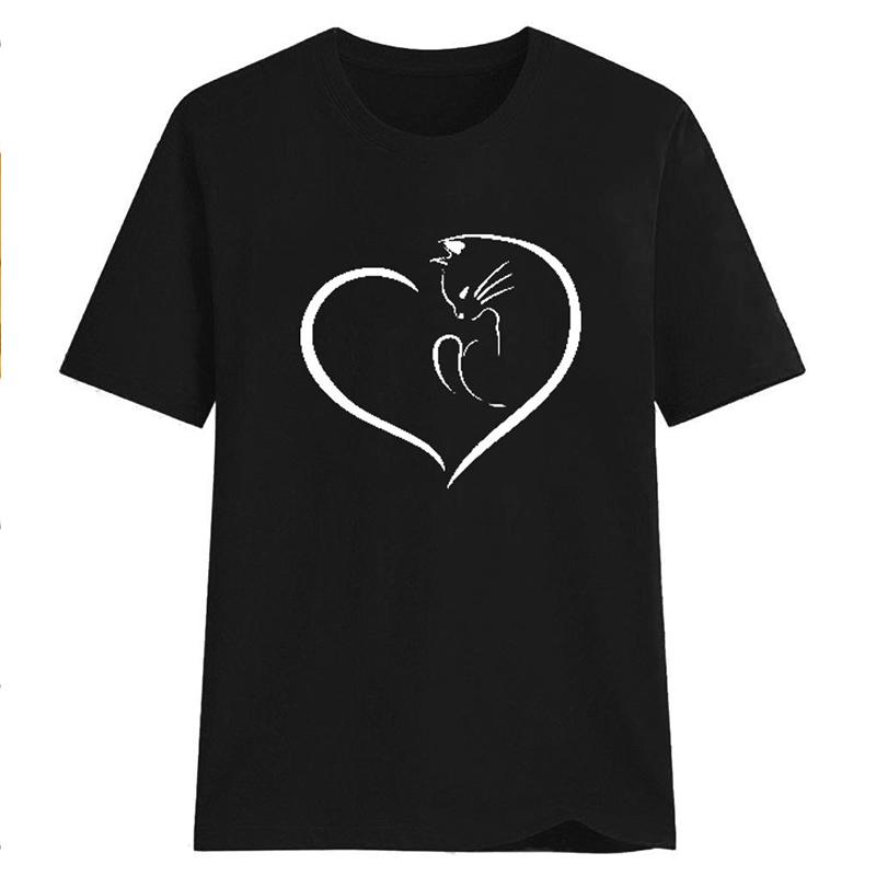 Cute Cat Print Heart T-Shirt Short Sleeve Summer Top for Women
