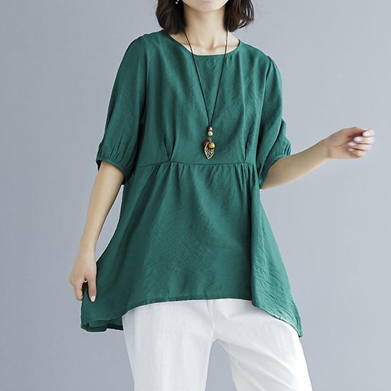 Women's Loose Solid Color Round Neck Retro Pattern Short Sleeve Blouse
