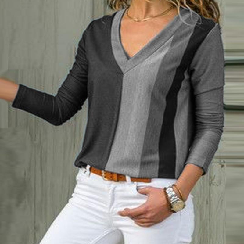 Women's Printed V-Neck Long Sleeve Casual Blouse