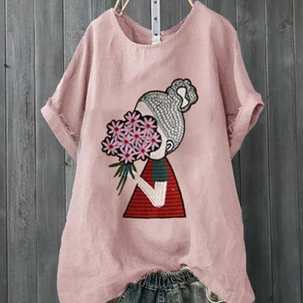 Women's Casual Style Round Neck Print Short Sleeve Blouse