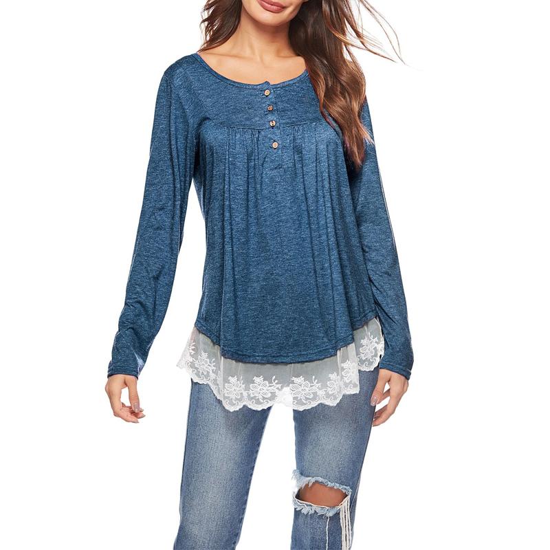 Women's Solid Color Round Neck Button Long Sleeve Lace Applique Hem Blouse Casual Blouse