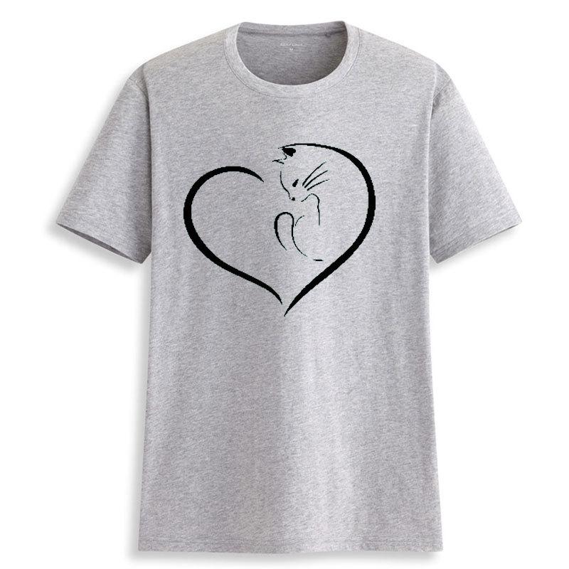Cute Cat Print Heart T-Shirt Short Sleeve Summer Top for Women