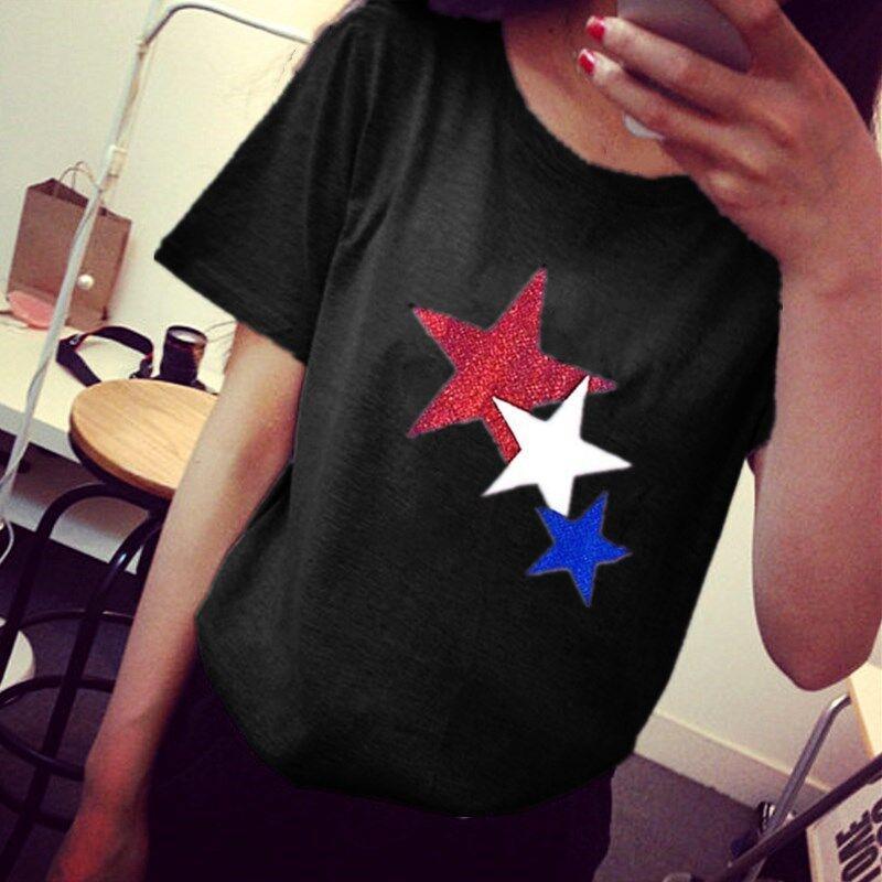 Original women's round neck star applique t-shirt, star pattern blouse