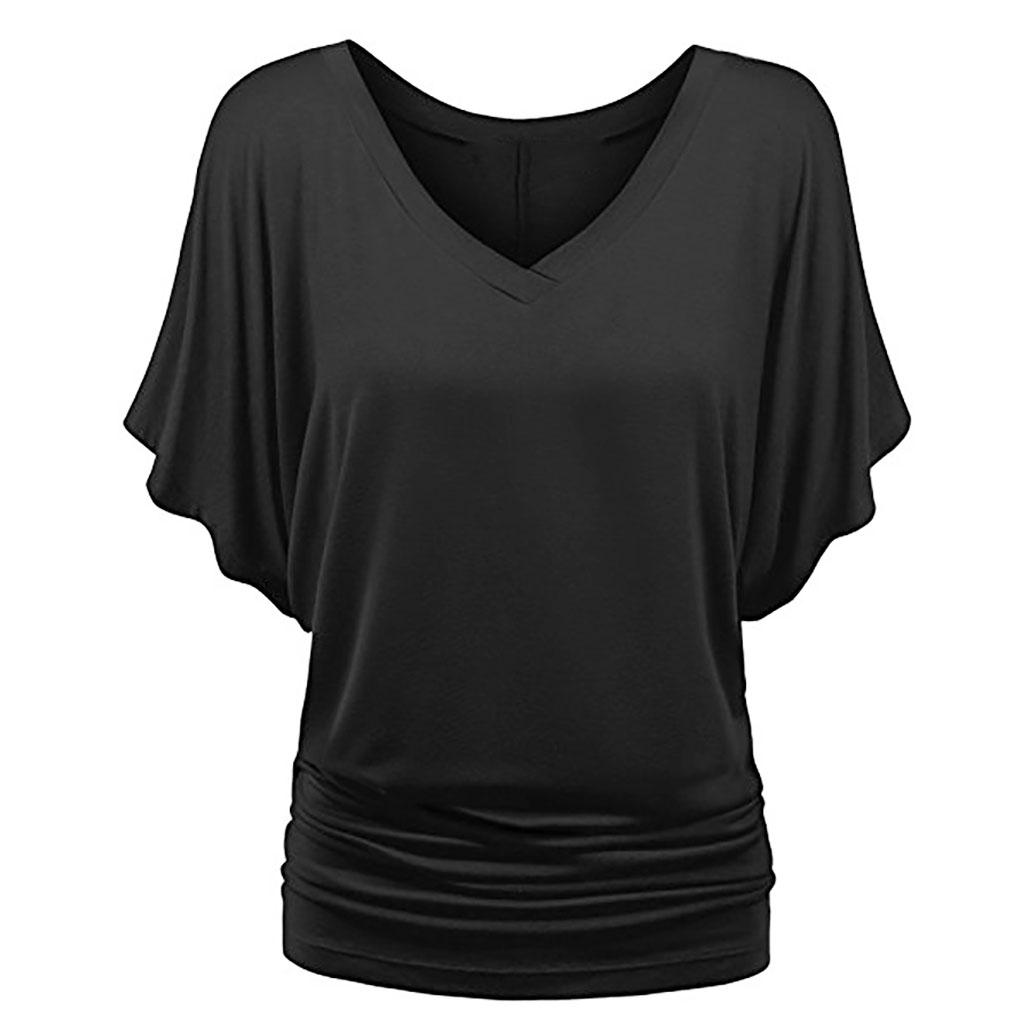 Solid Color Short Sleeve Loose V-Neck Blouse/T-Shirt With Lilac Sleeve